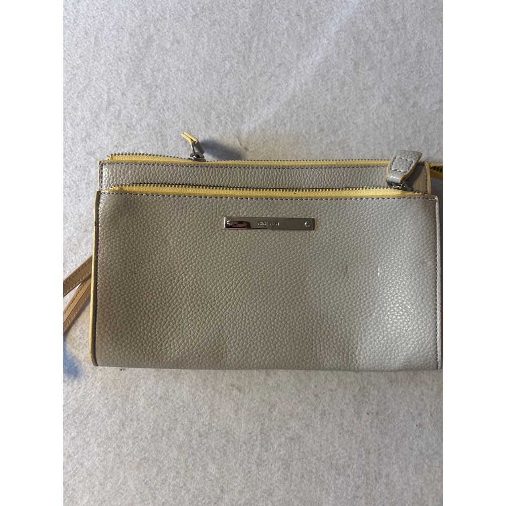 Nine West Wristlet Clutch Womens Small Grey Yellow Good Pebbled Faux Leather